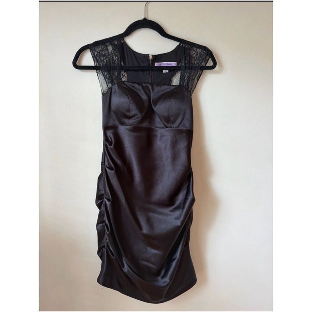 Hailey Logan Black Satin Lace-Shoulder Midi Dress